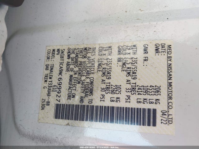 Nissan 2022 2022 5N1BT3CA9NC699927 Image 9
