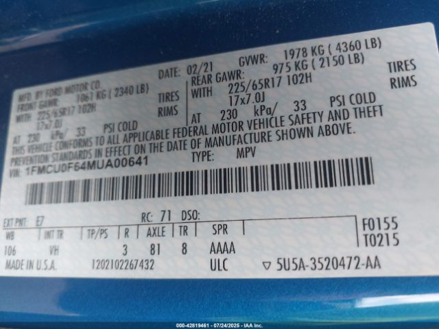 2021 FORD ESCAPE 1FMCU0F64MUA00641 Photo 8