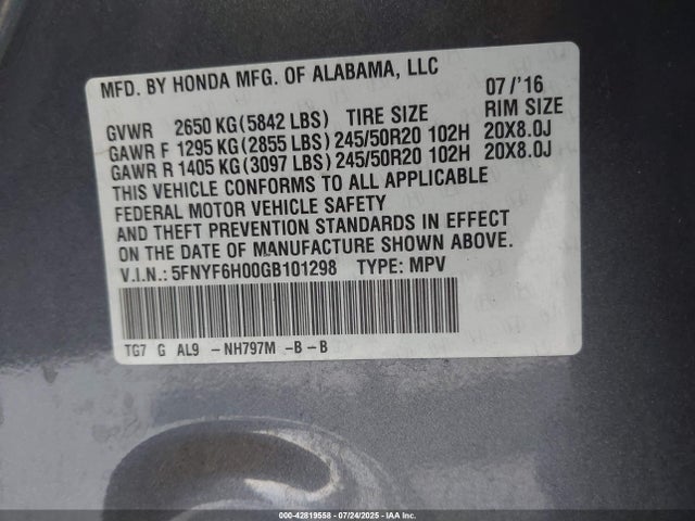 5FNYF6H00GB101298 Honda j35y6