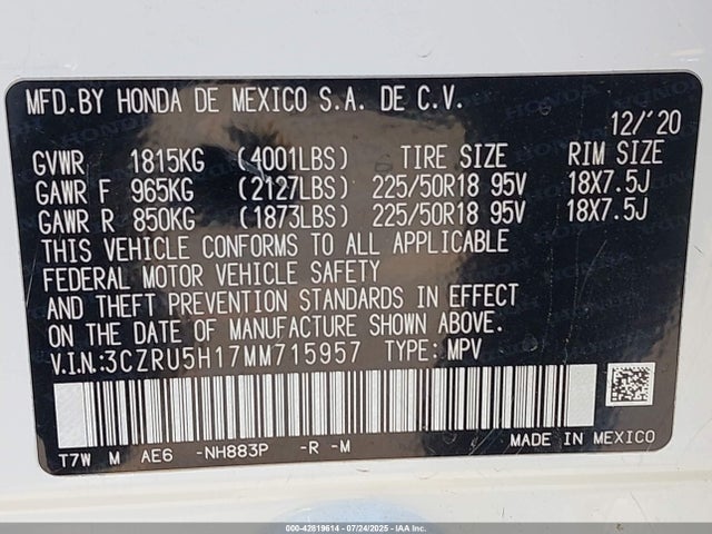 3CZRU5H17MM715957 Honda r18z9