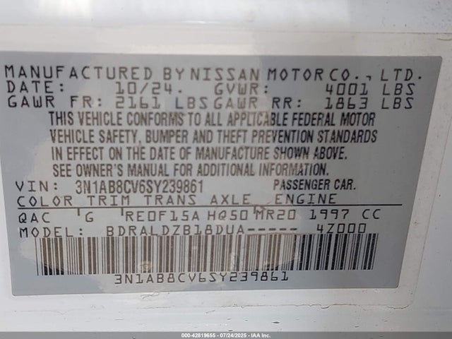 3N1AB8CV6SY239861 Nissan 2025