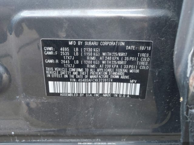 2019 SUBARU OUTBACK 4S4BSAFCXK3239174 Photo 8