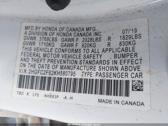 Honda k20c2 2019 2HGFC2F62KH580795 Image 9