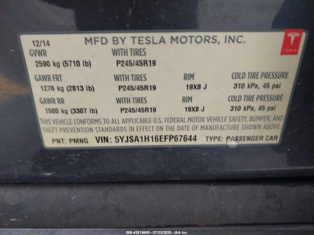 2014 TESLA MODEL S 5YJSA1H16EFP67644 Photo 8