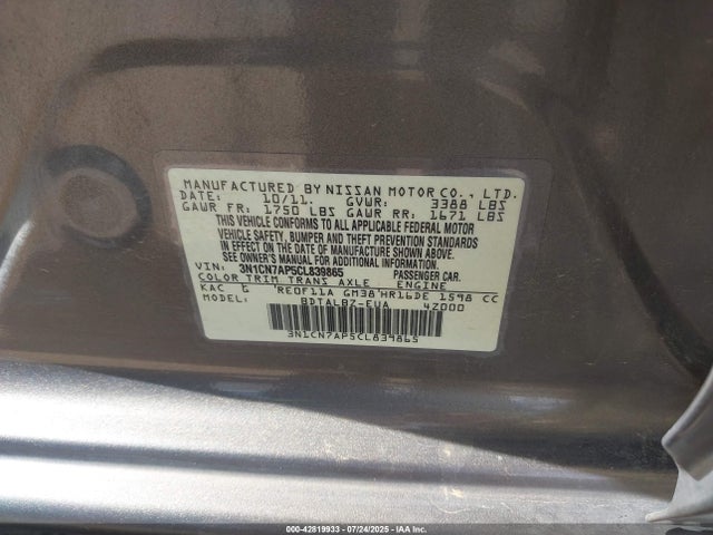 Aukcja sprzedaży 2012 Nissan Versa 1.6 Sv, vin: 3N1CN7AP5CL839865, numer aukcji: 42819933