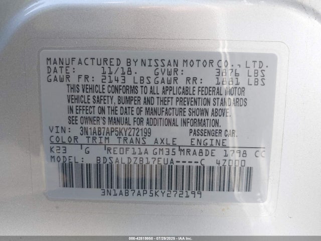 Nissan Sentra 2019 3N1AB7AP5KY272199 Image 9