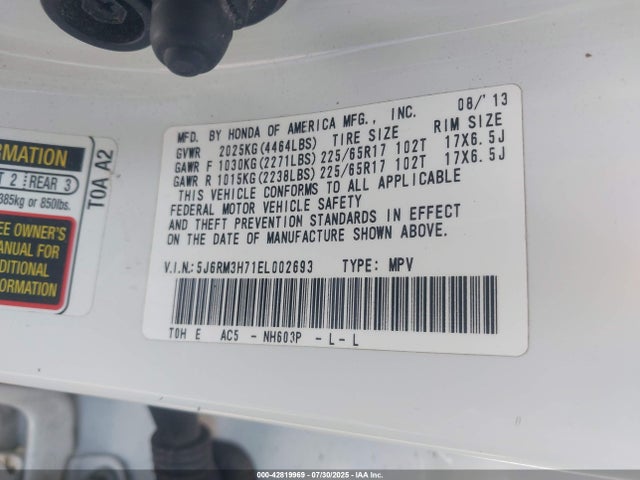 Honda k24z7 2014 5J6RM3H71EL002693 Image 9