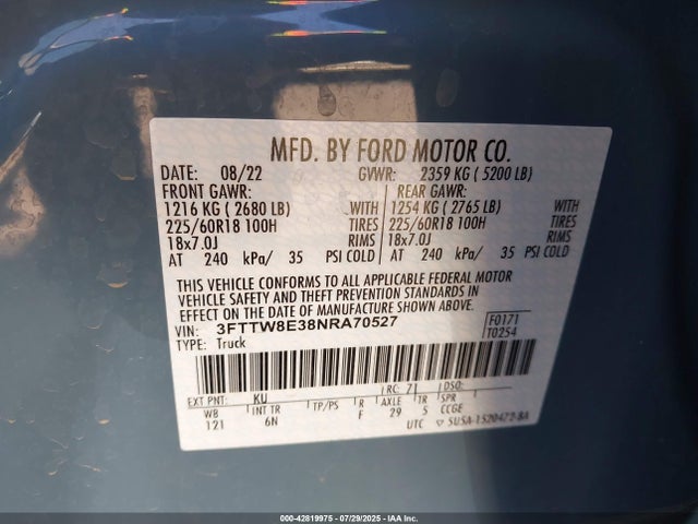 3FTTW8E38NRA70527 Ford hybrid
