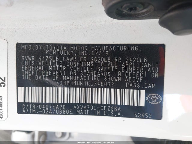 4T1B11HK1KU748832 Toyota a25a-fks