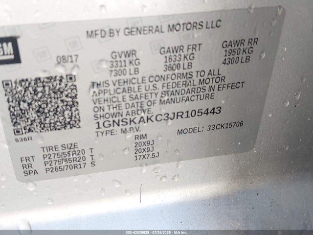 1GNSKAKC3JR105443 Chevrolet l83 - spark ignited direct injection, variable valve timing, afm, e85 max, alum