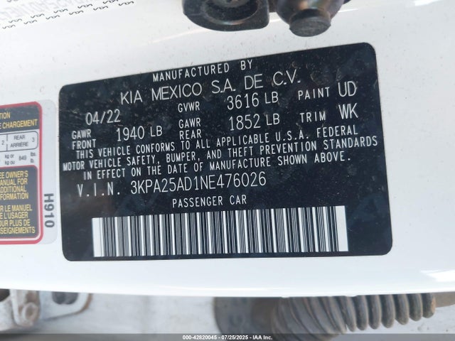 3KPA25AD1NE476026 KIA mpi gamma ii