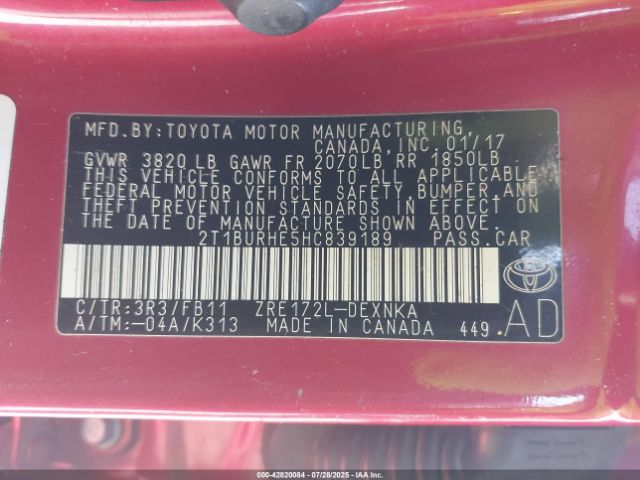 2017 TOYOTA COROLLA 2T1BURHE5HC839189 Photo 8