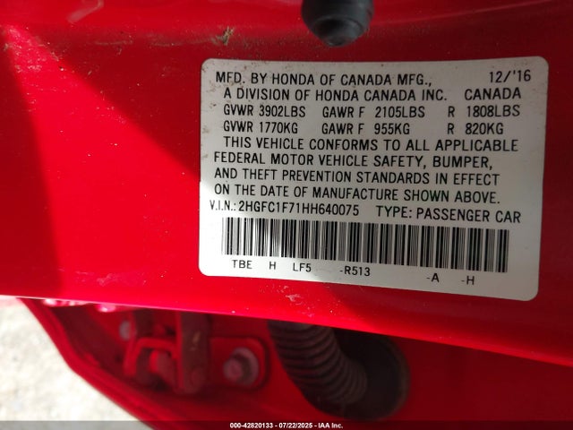 Honda l15b7 2017 2HGFC1F71HH640075 Image 9