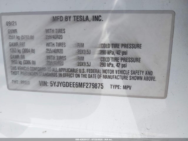 5YJYGDEE6MF279875 Tesla 2021