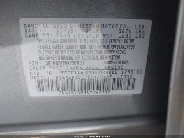 3N1AB7AP9KY267037 Nissan 2019