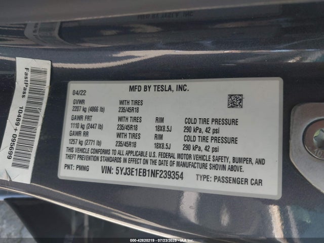 2022 TESLA MODEL 3 5YJ3E1EB1NF239354 Photo 8