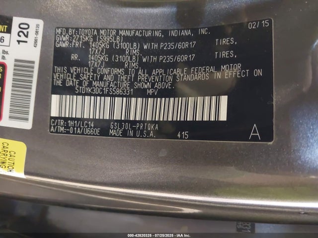 Toyota 2gr-fks 2015 5TDYK3DC1FS586331 Image 9