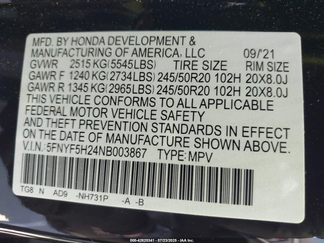 Honda j35y6 2022 5FNYF5H24NB003867 Image 9