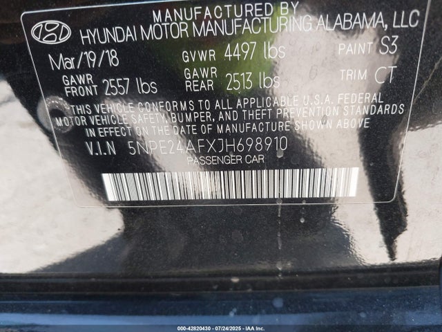 5NPE24AFXJH698910 Hyundai gdi theta-ii