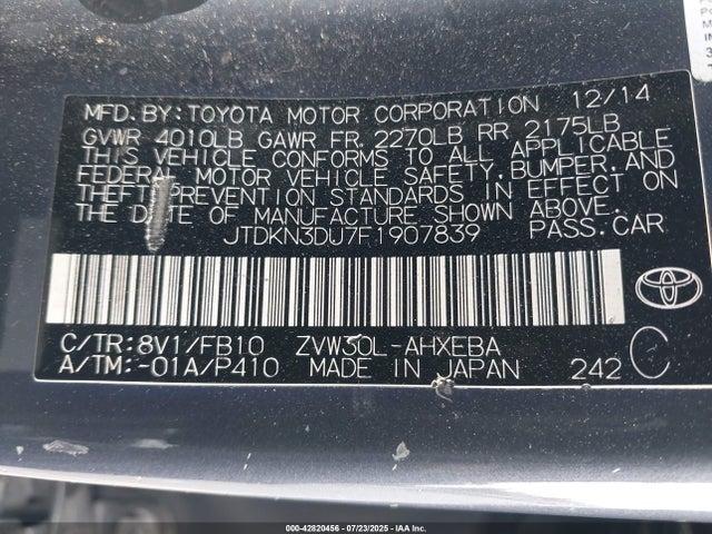 JTDKN3DU7F1907839 Toyota 2zr-fxe+3jm