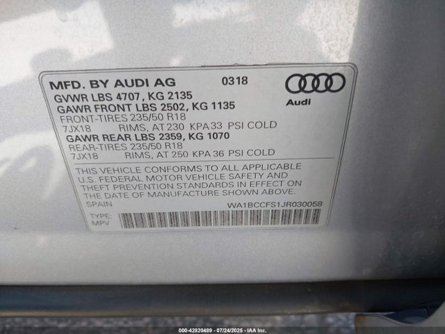 WA1BCCFS1JR030058 Audi 2018