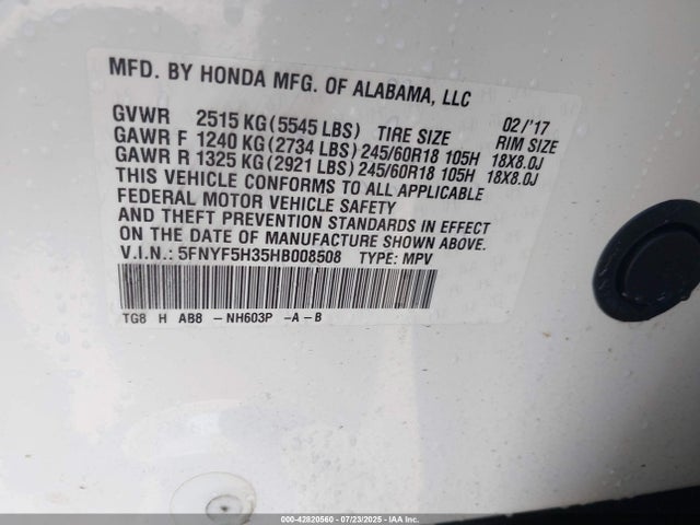 Honda j35y6 2017 5FNYF5H35HB008508 Image 9