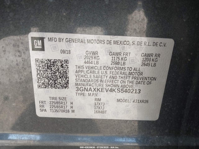 3GNAXKEV4KS540213 Chevrolet lyx - direct injection, vvt, fgt, turbo, alum, gen1