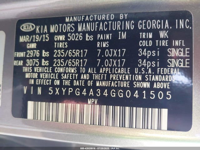 5XYPG4A34GG041505 KIA dohc gdi theta ii