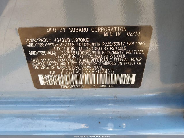 Subaru naturally aspirated 2019 JF2GTACCXK8302435 Image 9
