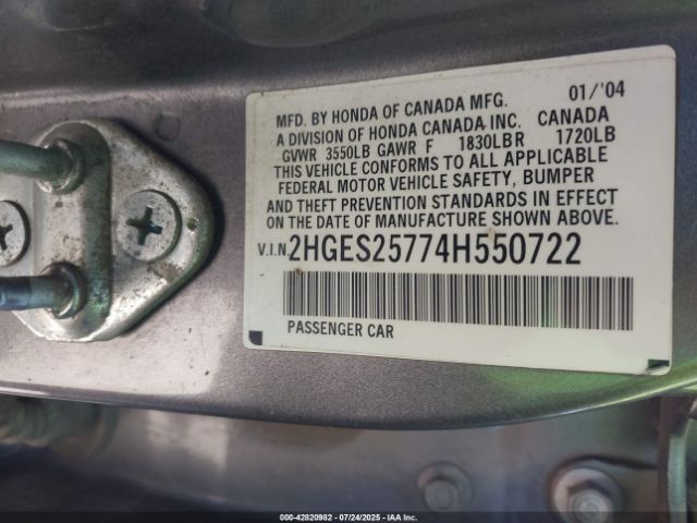 2004 HONDA CIVIC 2HGES25774H550722 Photo 8
