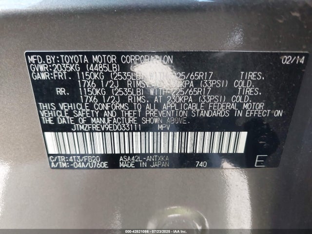 Toyota 2ar-fe 2014 JTMZFREV9ED033111 Image 9