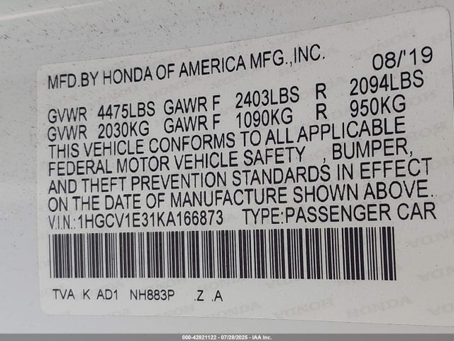 1HGCV1E31KA166873 Honda l15be
