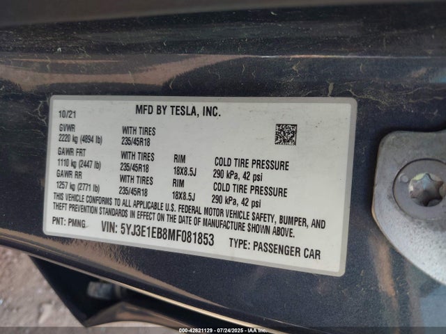 2021 TESLA MODEL 3 5YJ3E1EB8MF081853 Photo 8