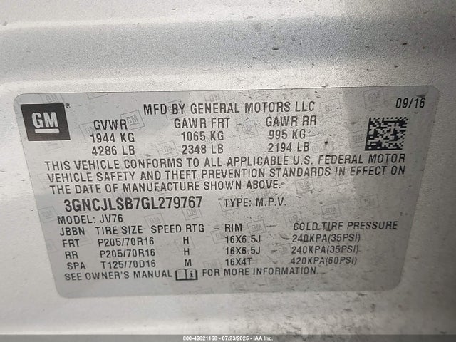Chevrolet luv - mfi, vvt, alum, gme e85 max 2016 3GNCJLSB7GL279767 Image 9