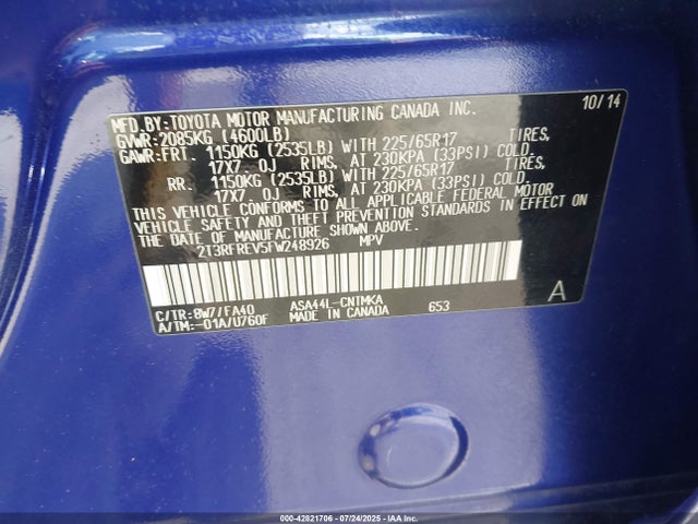 Toyota 2ar-fe 2015 2T3RFREV5FW248926 Image 9