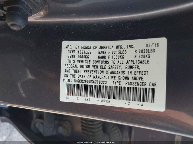 Honda k24w1 2016 1HGCR2F50GA208323 Image 9