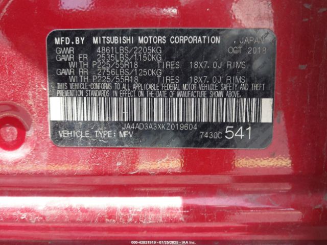 2019 MITSUBISHI OUTLANDER JA4AD3A3XKZ019604 Photo 8