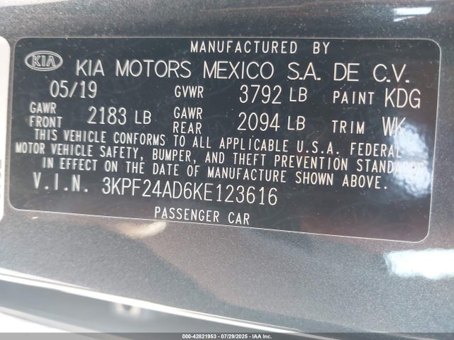 3KPF24AD6KE123616 KIA mpi nu