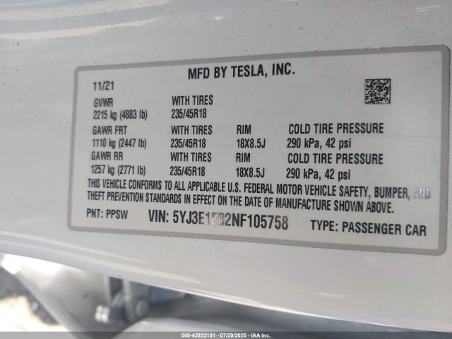 2022 TESLA MODEL 3 5YJ3E1EB2NF105758 Photo 8