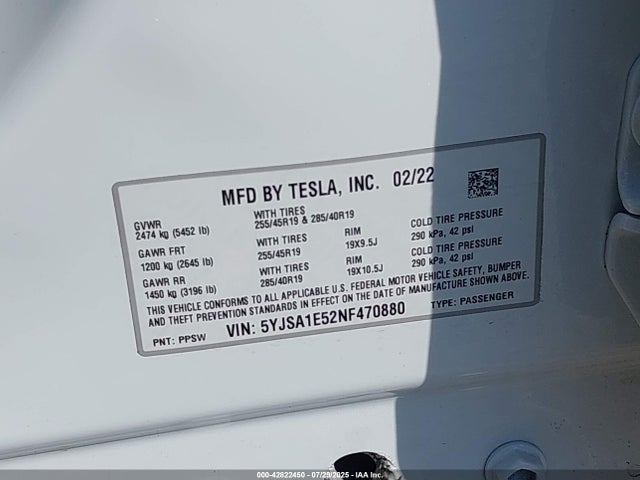 2022 TESLA MODEL S 5YJSA1E52NF470880 Photo 8