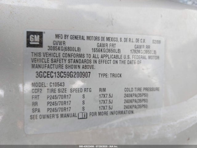 42822456 :رقم المزاد ، 3GCEC13C59G200907 vin ، 2009 Chevrolet Silverado 1500 Work Truck مزاد بيع
