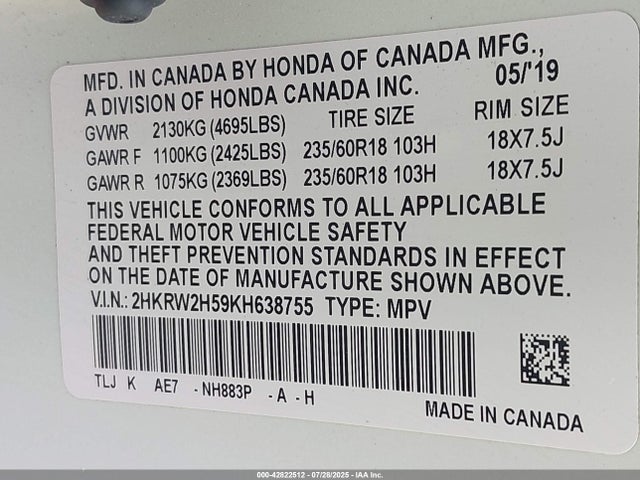 2HKRW2H59KH638755 Honda l15be