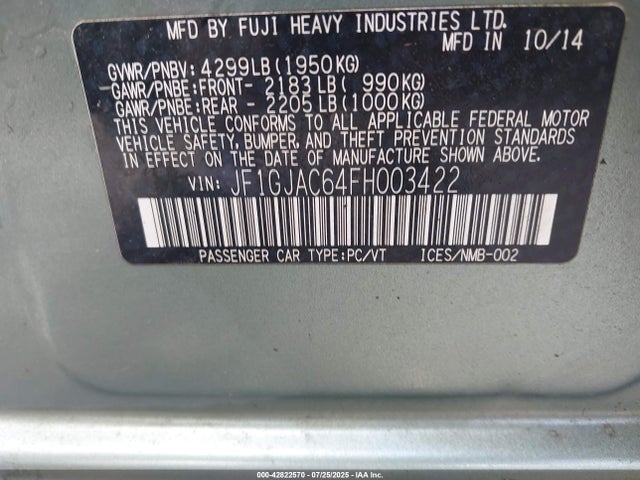 Subaru 2.0l na 2015 JF1GJAC64FH003422 Image 9