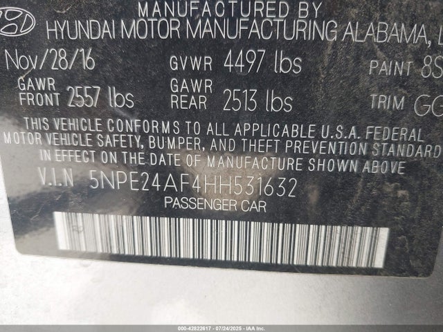 5NPE24AF4HH531632 Hyundai 2017