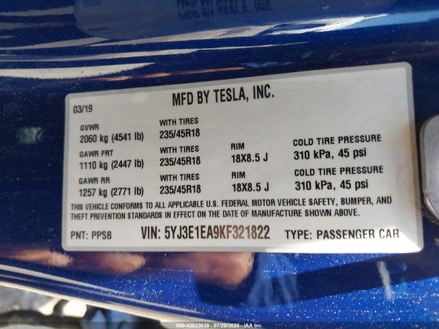 2019 TESLA MODEL 3 5YJ3E1EA9KF321822 Photo 8