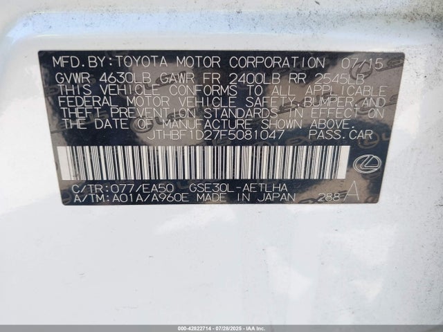 Aukcja sprzedaży 2015 Lexus Is 250, vin: JTHBF1D27F5081047, numer aukcji: 42822714