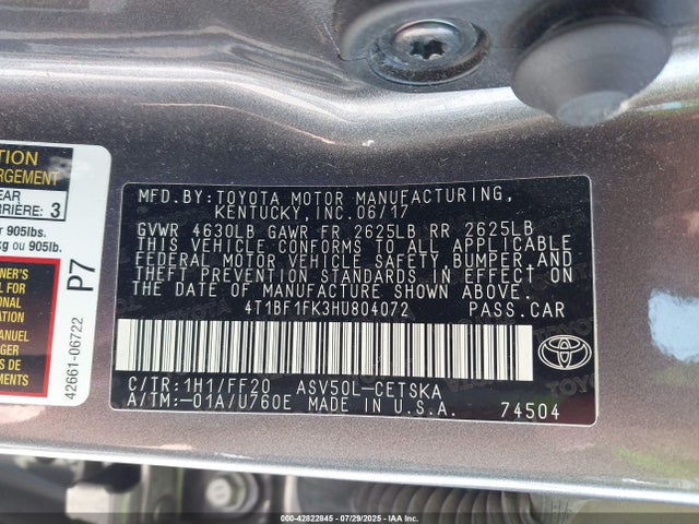 Toyota 2ar-fe 2017 4T1BF1FK3HU804072 Image 9