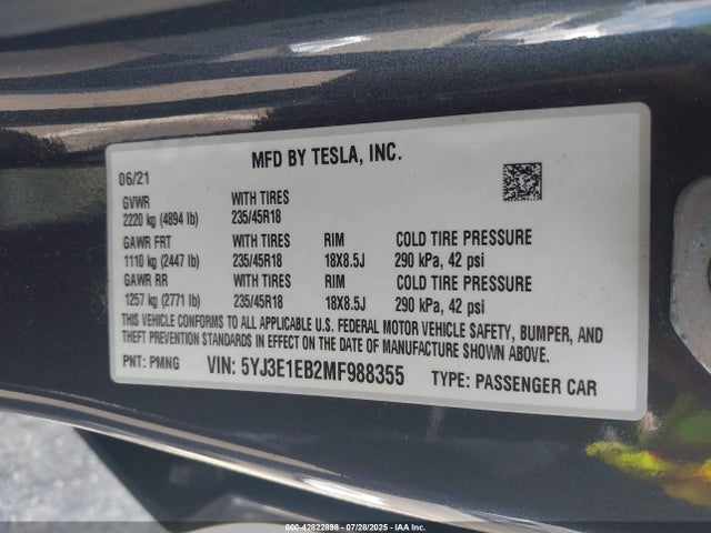 2021 TESLA MODEL 3 5YJ3E1EB2MF988355 Photo 8