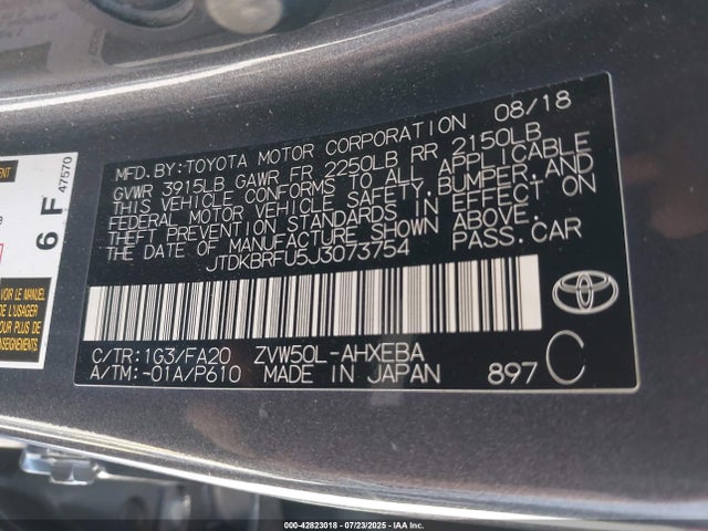 Toyota 2zr-fxe,1nm 2018 JTDKBRFU5J3073754 Image 9