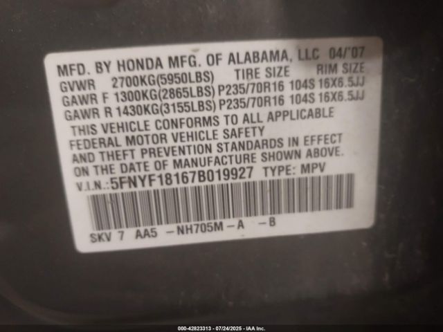 2007 HONDA PILOT 5FNYF18167B019927 Photo 8